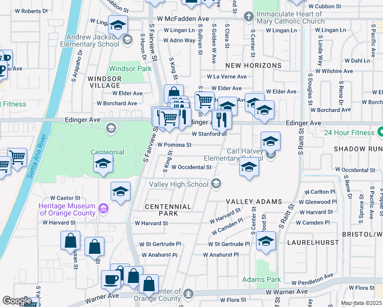 map of restaurants, bars, coffee shops, grocery stores, and more near 2510 West California Street in Santa Ana