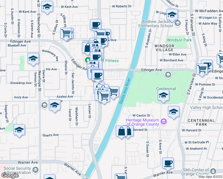 map of restaurants, bars, coffee shops, grocery stores, and more near 16440 Brighton River in Fountain Valley