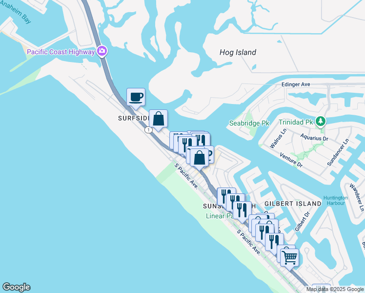 map of restaurants, bars, coffee shops, grocery stores, and more near in Huntington Beach