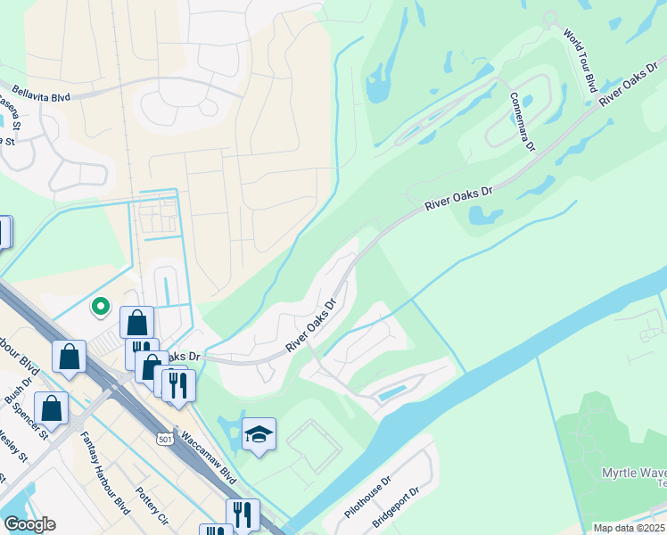 map of restaurants, bars, coffee shops, grocery stores, and more near 573 Blue River Court in Myrtle Beach