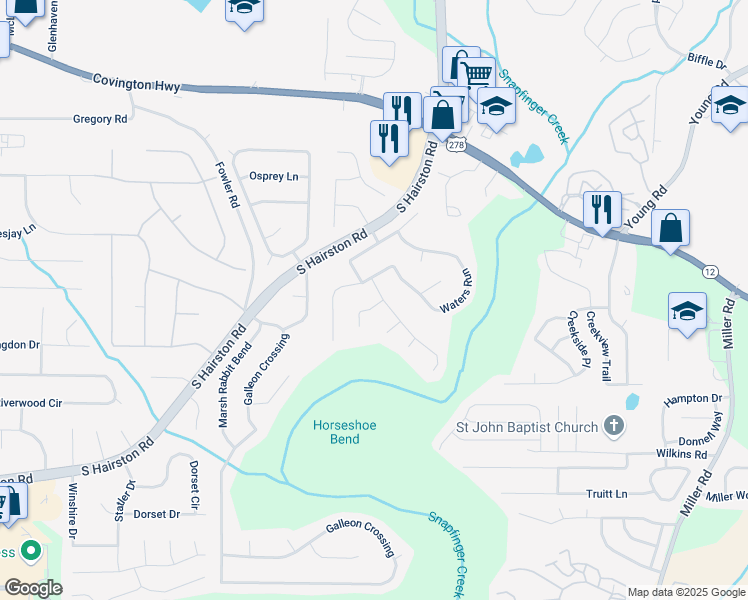 map of restaurants, bars, coffee shops, grocery stores, and more near 4688 Snap Creek Lane in Decatur