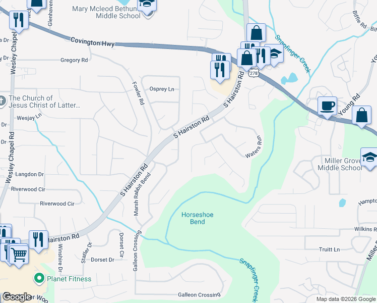 map of restaurants, bars, coffee shops, grocery stores, and more near 2525 Waters Run in Decatur