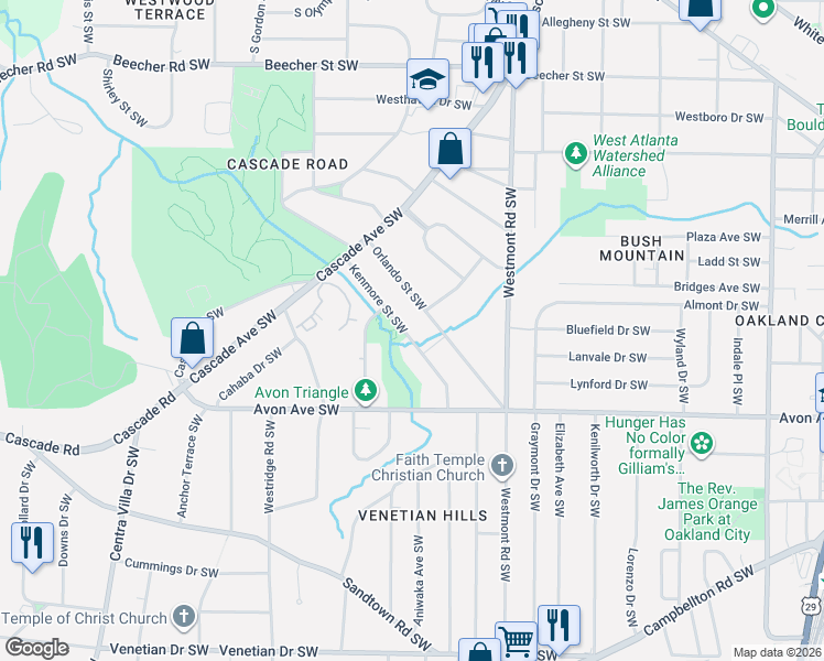 map of restaurants, bars, coffee shops, grocery stores, and more near 1617 Kenmore Street Southwest in Atlanta