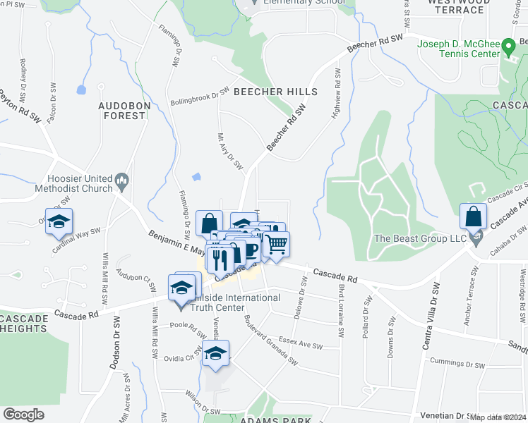 map of restaurants, bars, coffee shops, grocery stores, and more near 1125 Dolphin Drive Southwest in Atlanta