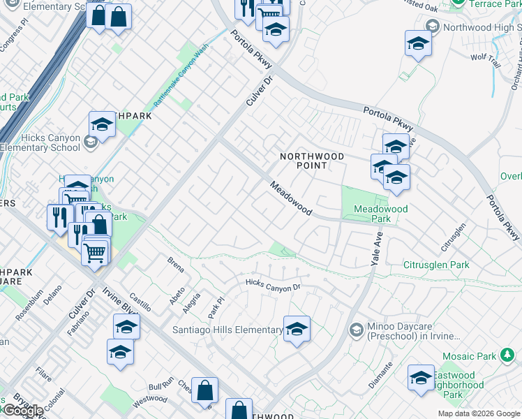 map of restaurants, bars, coffee shops, grocery stores, and more near 9 Green Hollow in Irvine