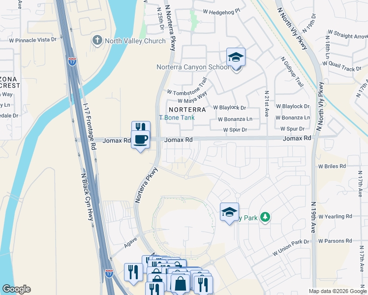 map of restaurants, bars, coffee shops, grocery stores, and more near West Jomax Road in Phoenix