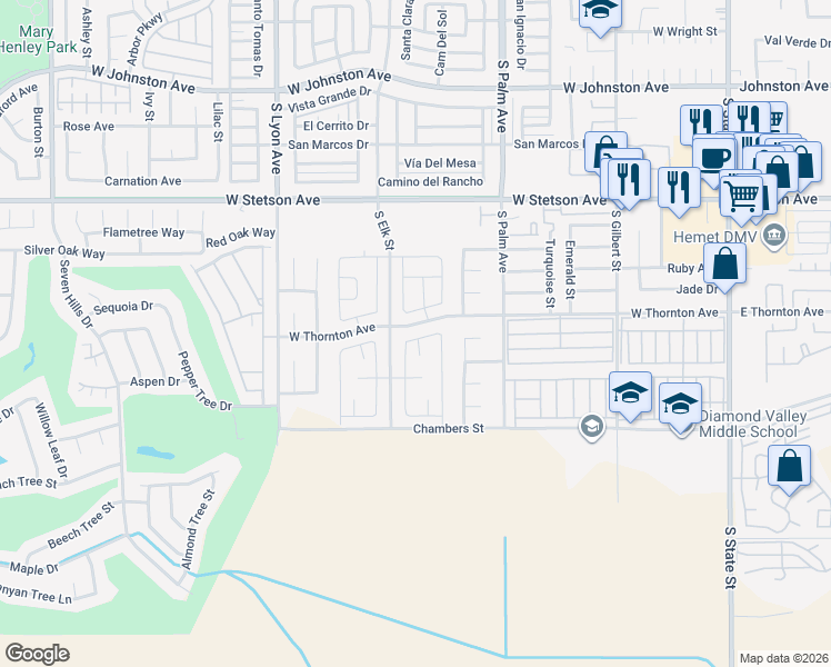 map of restaurants, bars, coffee shops, grocery stores, and more near 1262 Allegiance Avenue in Hemet