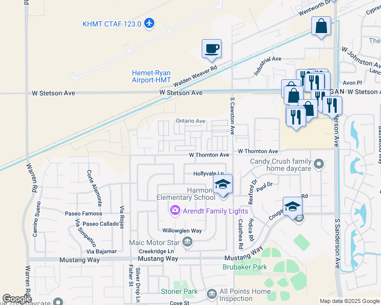 map of restaurants, bars, coffee shops, grocery stores, and more near 1295 South Cawston Avenue in Hemet