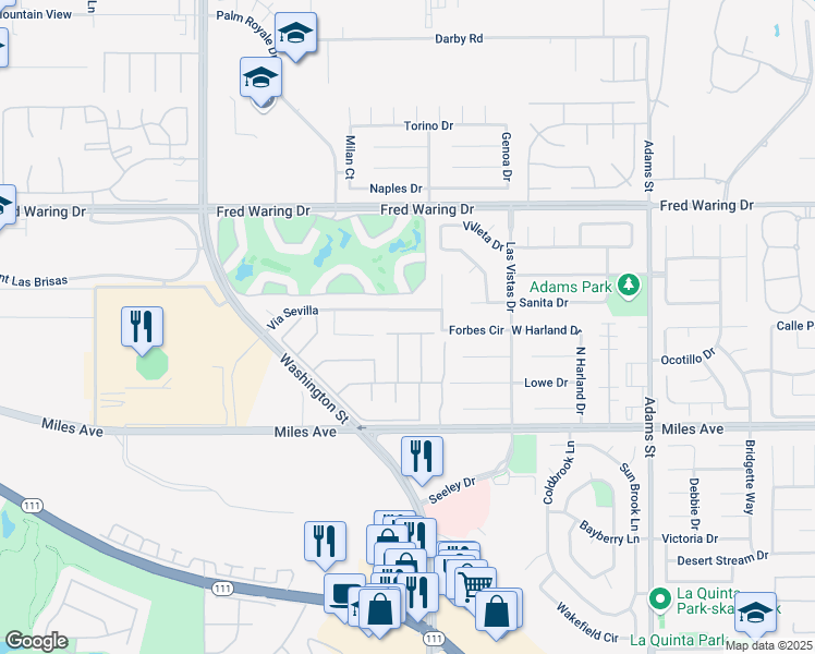 map of restaurants, bars, coffee shops, grocery stores, and more near 44695 Via Alondra in La Quinta