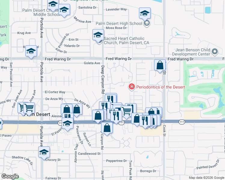 map of restaurants, bars, coffee shops, grocery stores, and more near 44509 Sorrento Court in Palm Desert