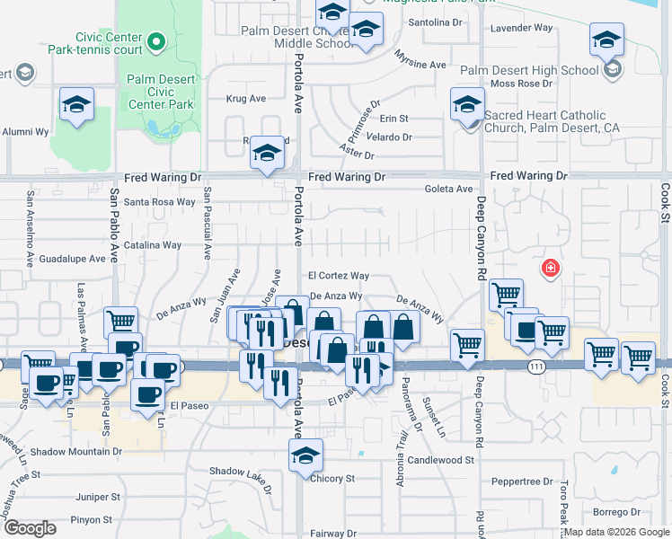 map of restaurants, bars, coffee shops, grocery stores, and more near 74100 El Cortez Way in Palm Desert