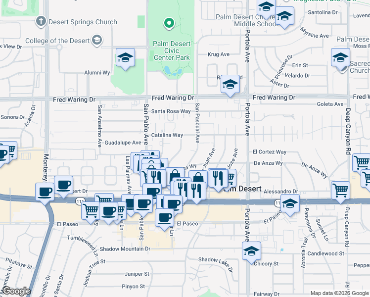 map of restaurants, bars, coffee shops, grocery stores, and more near 44597 San Pascual Avenue in Palm Desert