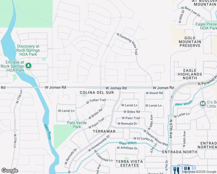 map of restaurants, bars, coffee shops, grocery stores, and more near 7146 West Jomax Road in Peoria