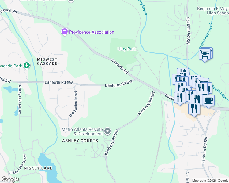 map of restaurants, bars, coffee shops, grocery stores, and more near 4060 Danforth Road Southwest in Atlanta