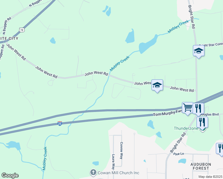 map of restaurants, bars, coffee shops, grocery stores, and more near 6743 Brookfield Way in Douglasville