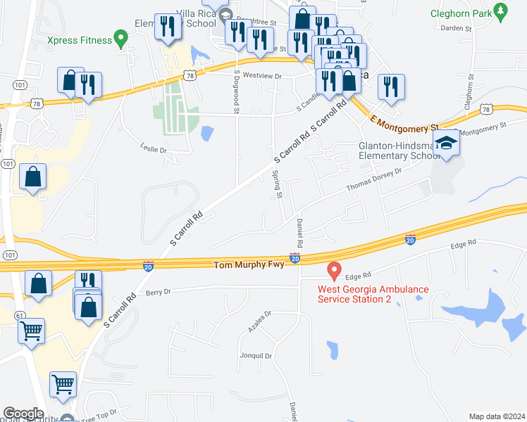 map of restaurants, bars, coffee shops, grocery stores, and more near 730 Parker Street in Villa Rica