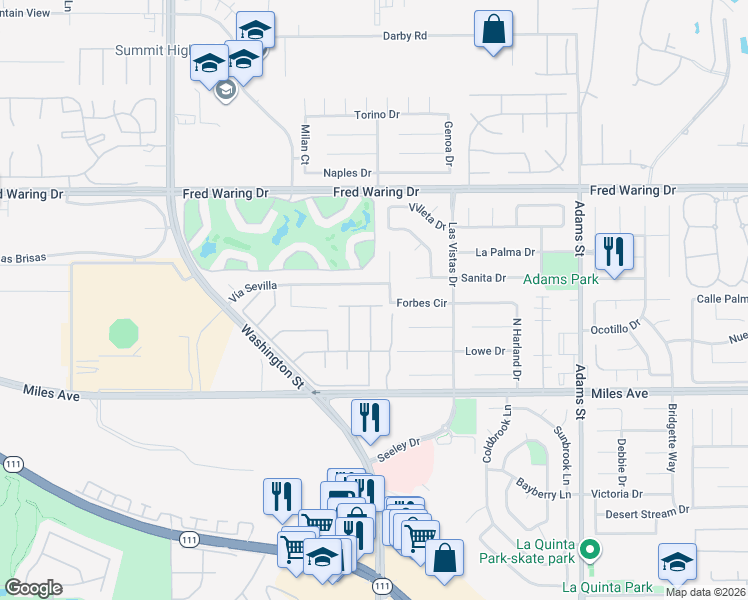 map of restaurants, bars, coffee shops, grocery stores, and more near 78500 Via Palomino in La Quinta