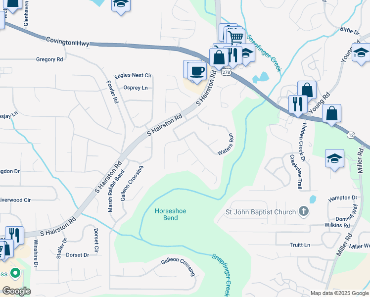 map of restaurants, bars, coffee shops, grocery stores, and more near 4688 Snap Creek Lane in Decatur