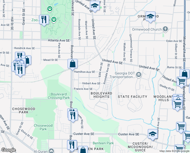 map of restaurants, bars, coffee shops, grocery stores, and more near 718 Schuyler Avenue Southeast in Atlanta