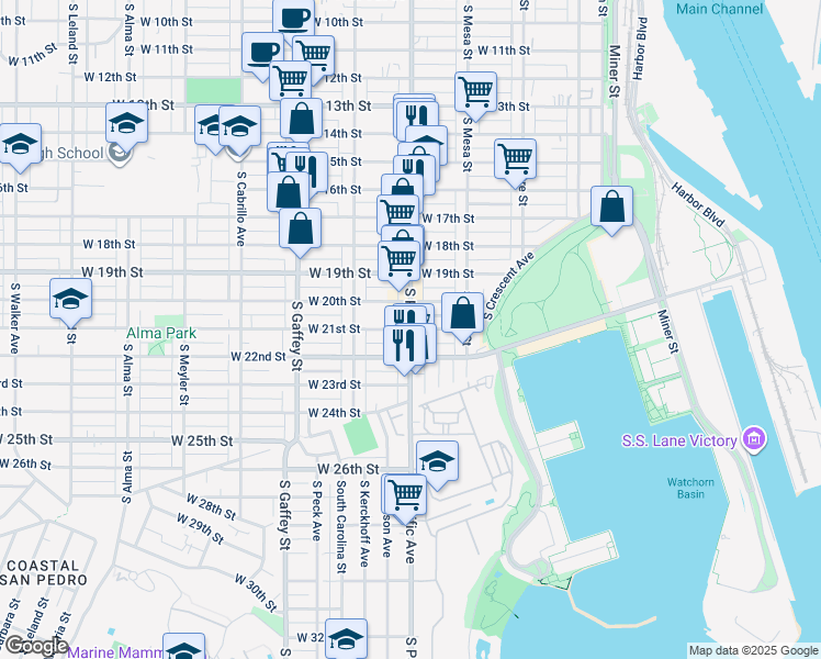 map of restaurants, bars, coffee shops, grocery stores, and more near South Pacific Avenue & West 21st Street in Los Angeles