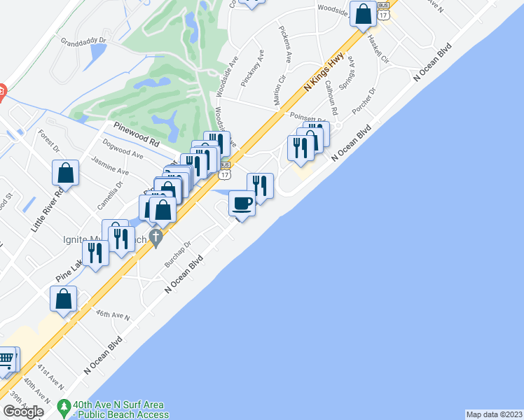 map of restaurants, bars, coffee shops, grocery stores, and more near 5308 North Ocean Boulevard in Myrtle Beach