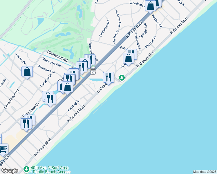map of restaurants, bars, coffee shops, grocery stores, and more near 5308 North Ocean Boulevard in Myrtle Beach