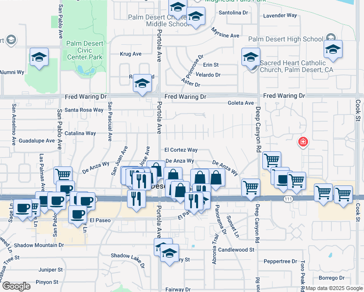 map of restaurants, bars, coffee shops, grocery stores, and more near 74116 El Cortez Way in Palm Desert