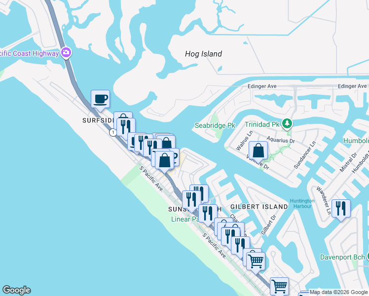 map of restaurants, bars, coffee shops, grocery stores, and more near 16501 Bordeaux Lane in Huntington Beach