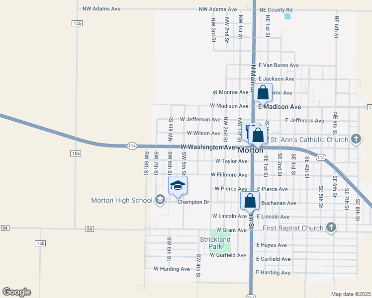 map of restaurants, bars, coffee shops, grocery stores, and more near 101 Southwest 5th Street in Morton