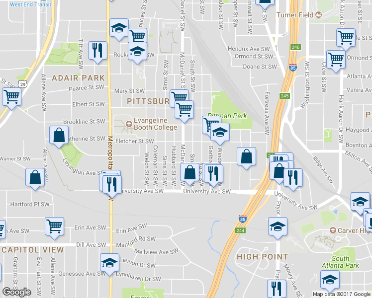 map of restaurants, bars, coffee shops, grocery stores, and more near 1090 McDaniel Street Southwest in Atlanta