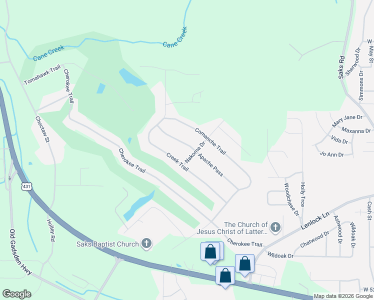map of restaurants, bars, coffee shops, grocery stores, and more near 920 Apache Pass in Anniston