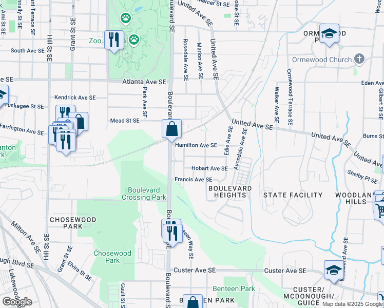 map of restaurants, bars, coffee shops, grocery stores, and more near 658 Schuyler Avenue Southeast in Atlanta