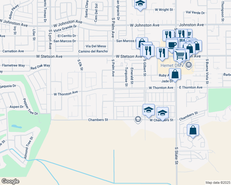 map of restaurants, bars, coffee shops, grocery stores, and more near 725 West Thornton Avenue in Hemet