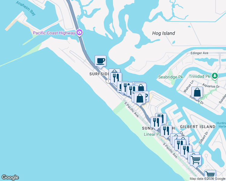 map of restaurants, bars, coffee shops, grocery stores, and more near 20 Surfside Avenue in Huntington Beach