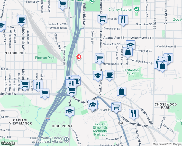 map of restaurants, bars, coffee shops, grocery stores, and more near 1100 Ridge Avenue Southwest in Atlanta
