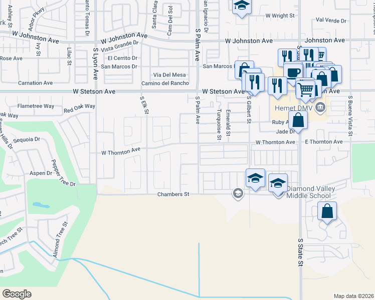 map of restaurants, bars, coffee shops, grocery stores, and more near 1010 Basalt Court in Hemet