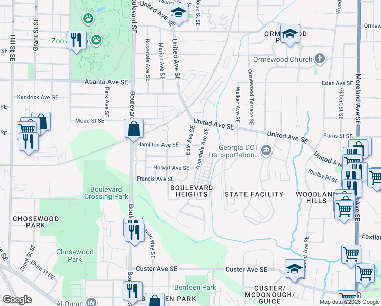 map of restaurants, bars, coffee shops, grocery stores, and more near 1105 Avondale Avenue Southeast in Atlanta