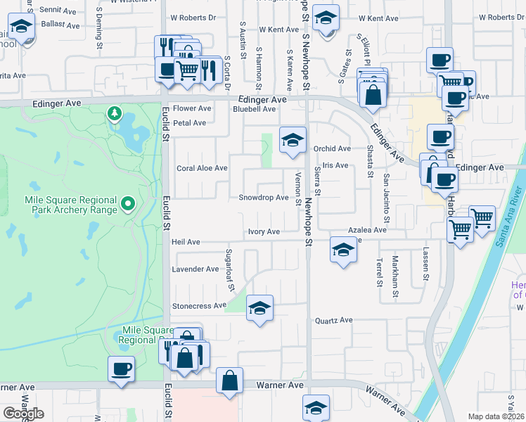 map of restaurants, bars, coffee shops, grocery stores, and more near 16440 Mount Ararat Circle in Fountain Valley