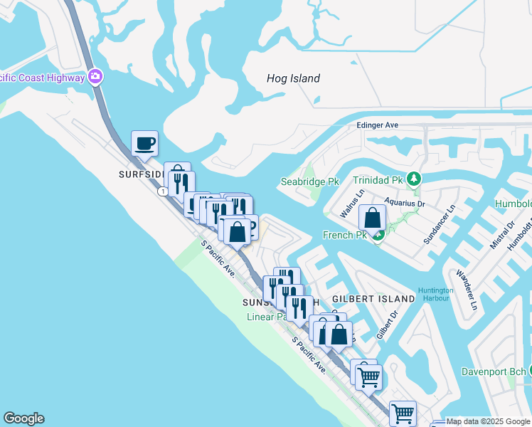 map of restaurants, bars, coffee shops, grocery stores, and more near 3195 Anne Circle in Huntington Beach