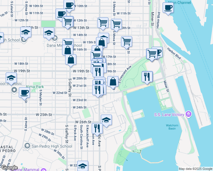 map of restaurants, bars, coffee shops, grocery stores, and more near 452 West 22nd Street in Los Angeles