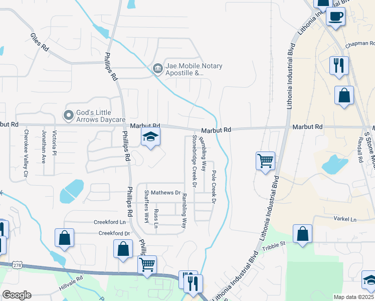 map of restaurants, bars, coffee shops, grocery stores, and more near 2967 Stonebridge Creek Drive in Lithonia