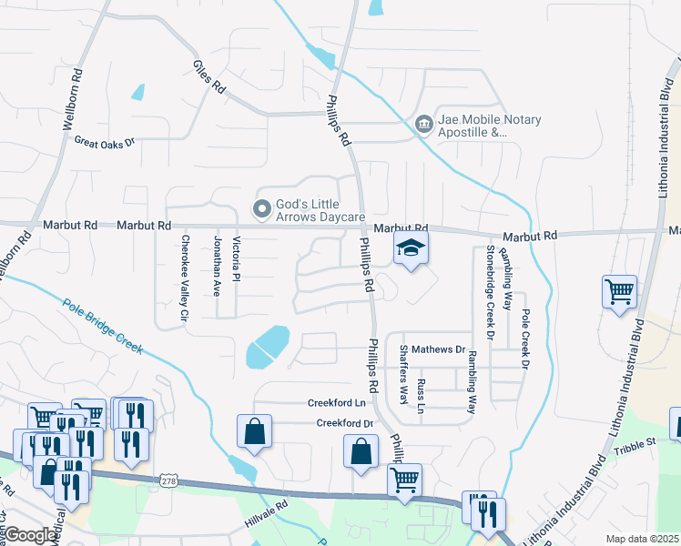 map of restaurants, bars, coffee shops, grocery stores, and more near 6279 Marbut Farms Road in Lithonia