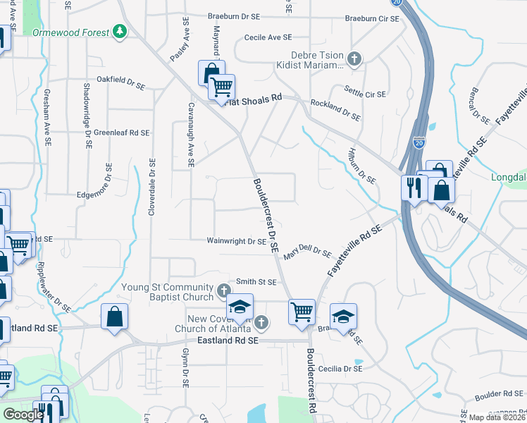 map of restaurants, bars, coffee shops, grocery stores, and more near 1087 Bouldercrest Drive Southeast in Atlanta