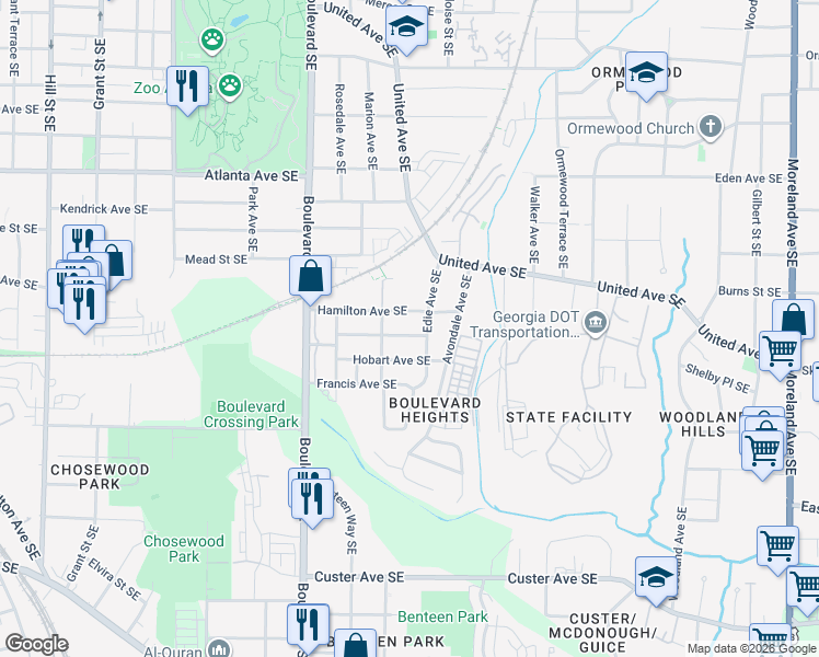 map of restaurants, bars, coffee shops, grocery stores, and more near 718 Schuyler Avenue Southeast in Atlanta