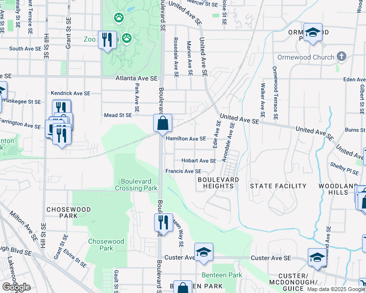 map of restaurants, bars, coffee shops, grocery stores, and more near 658 Schuyler Avenue Southeast in Atlanta