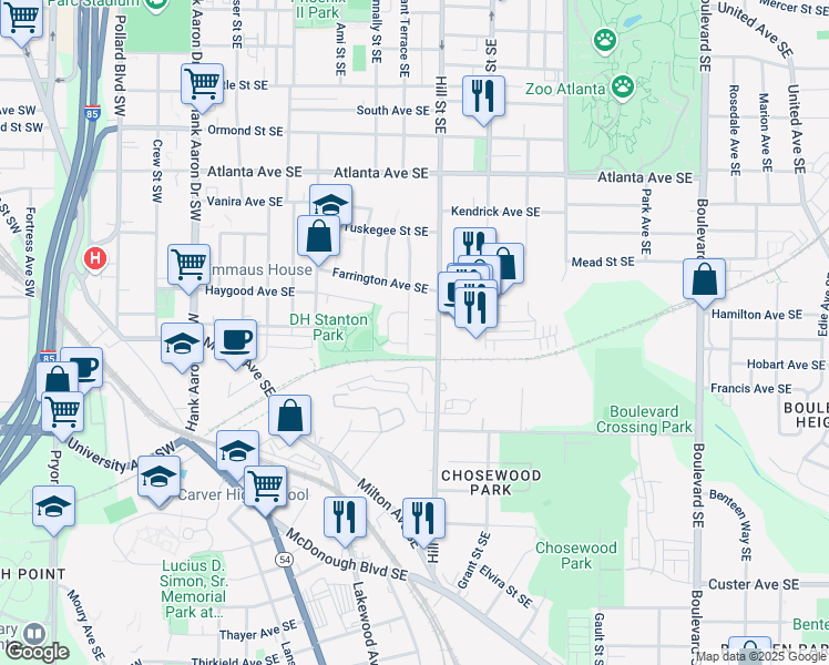 map of restaurants, bars, coffee shops, grocery stores, and more near 1062 Grant Terrace Southeast in Atlanta