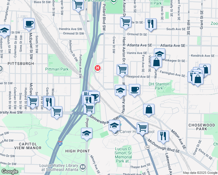map of restaurants, bars, coffee shops, grocery stores, and more near 1100 Ridge Avenue Southwest in Atlanta