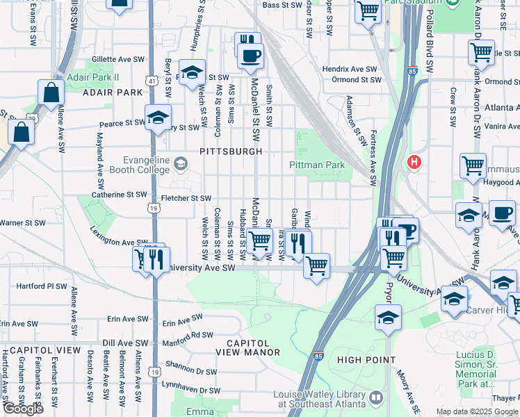 map of restaurants, bars, coffee shops, grocery stores, and more near 1090 McDaniel Street Southwest in Atlanta