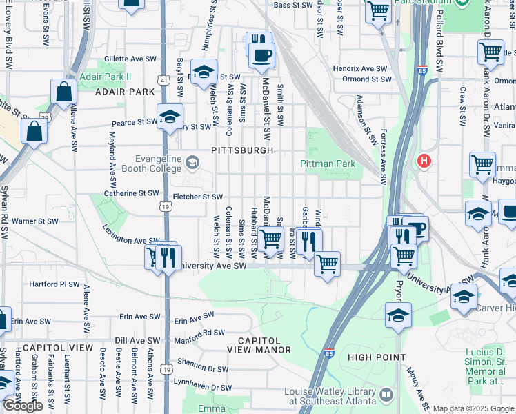 map of restaurants, bars, coffee shops, grocery stores, and more near 1088 Hubbard Street Southwest in Atlanta