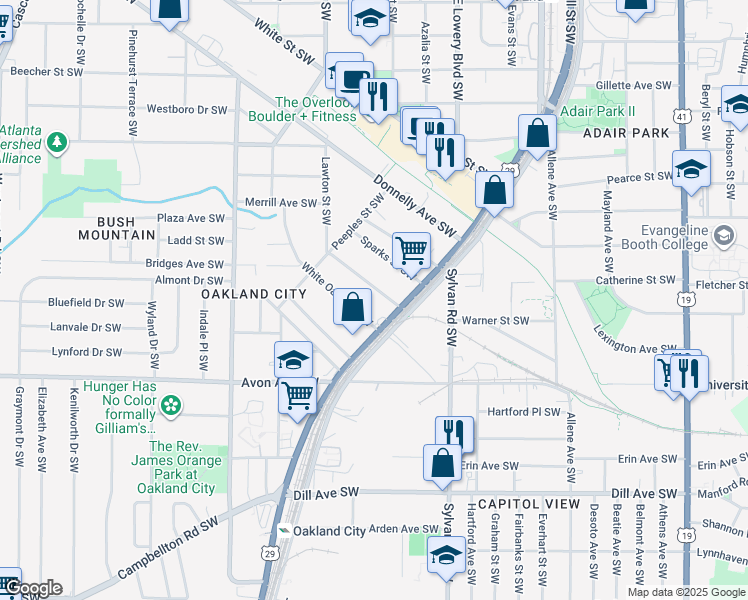 map of restaurants, bars, coffee shops, grocery stores, and more near 1033 White Oak Avenue Southwest in Atlanta